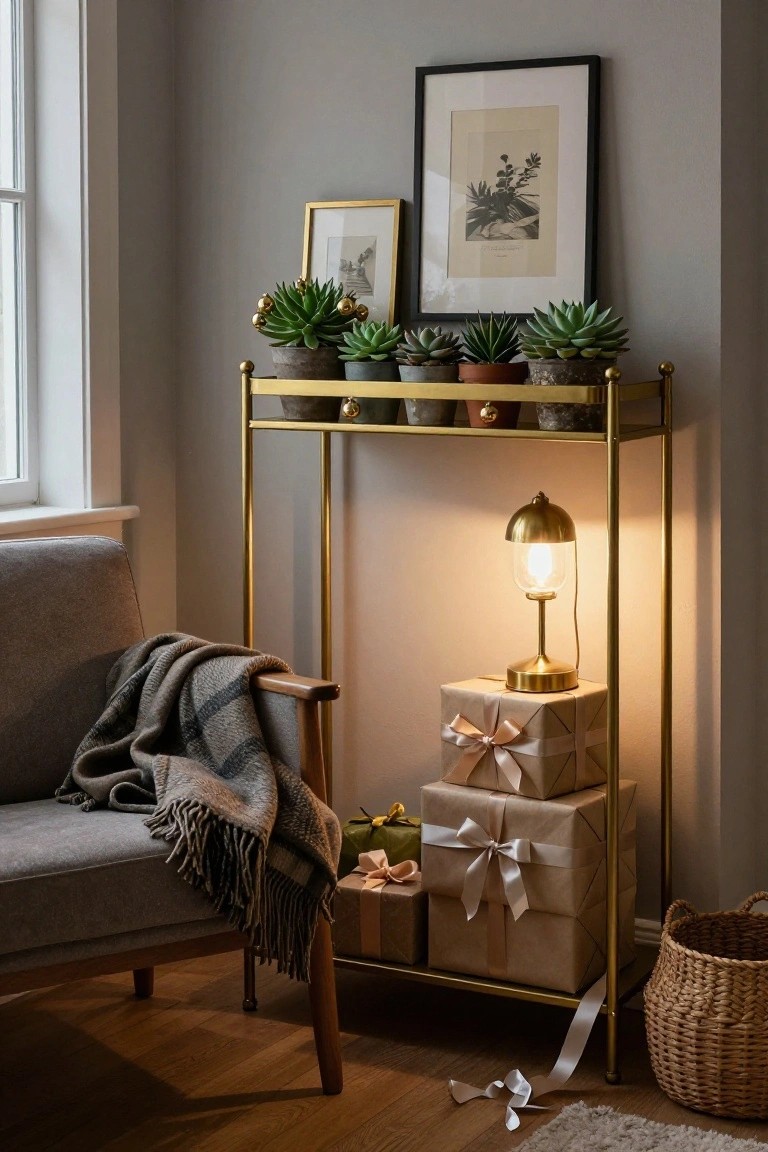 Gold metal etagere shelf unit in a light gray room corner holding potted succulents and stacked wrapped gifts, with a gold lamp below, gray armchair with throw blanket nearby, and woven basket on wood floor.