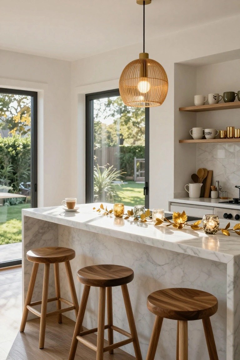 White marble kitchen island with wooden stools, topped by gold leaf garland and lit votive candles, large glass doors showing garden view.