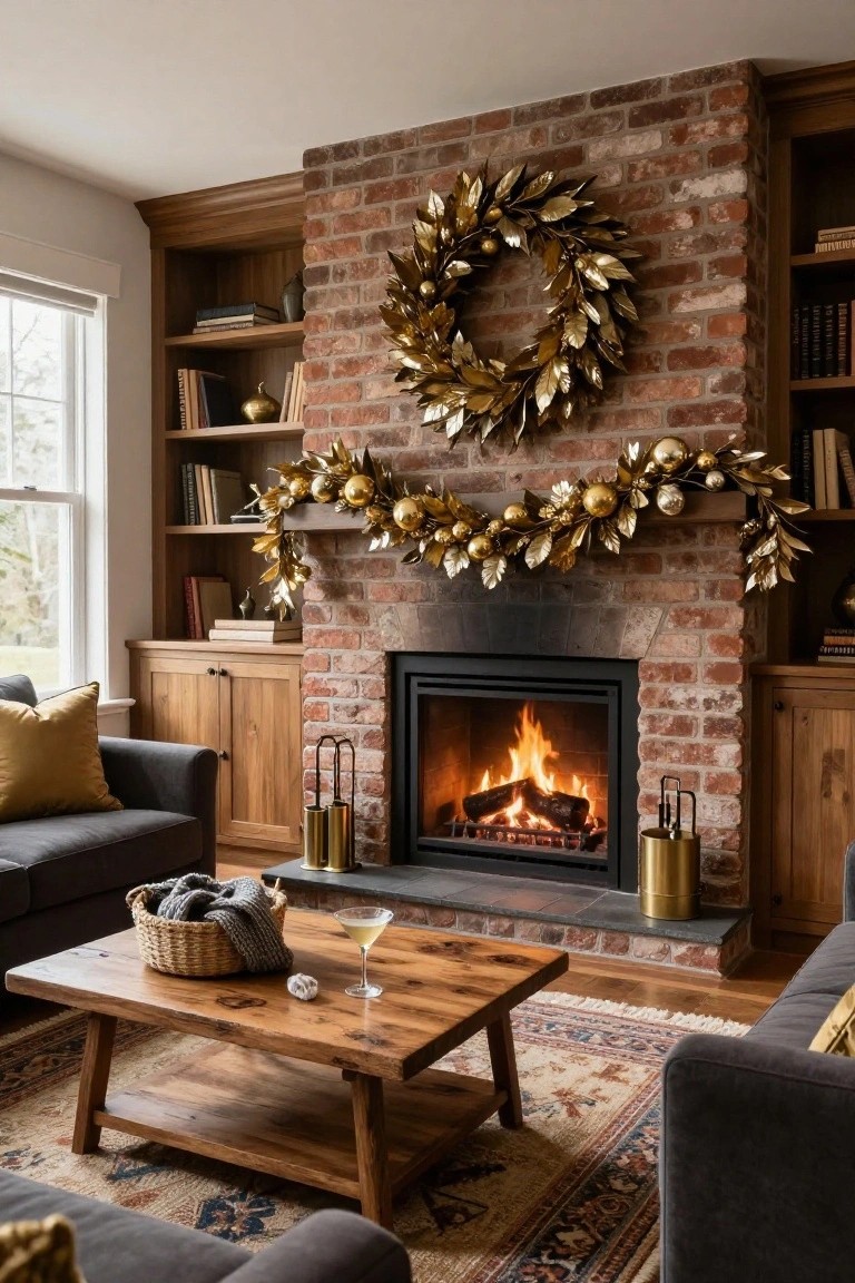 Cozy living room with exposed brick fireplace decorated by gold leaf wreath and garland draped on mantel, active fire inside, gray sofa, wooden coffee table with martini glass and basket, bookshelves, and window view.