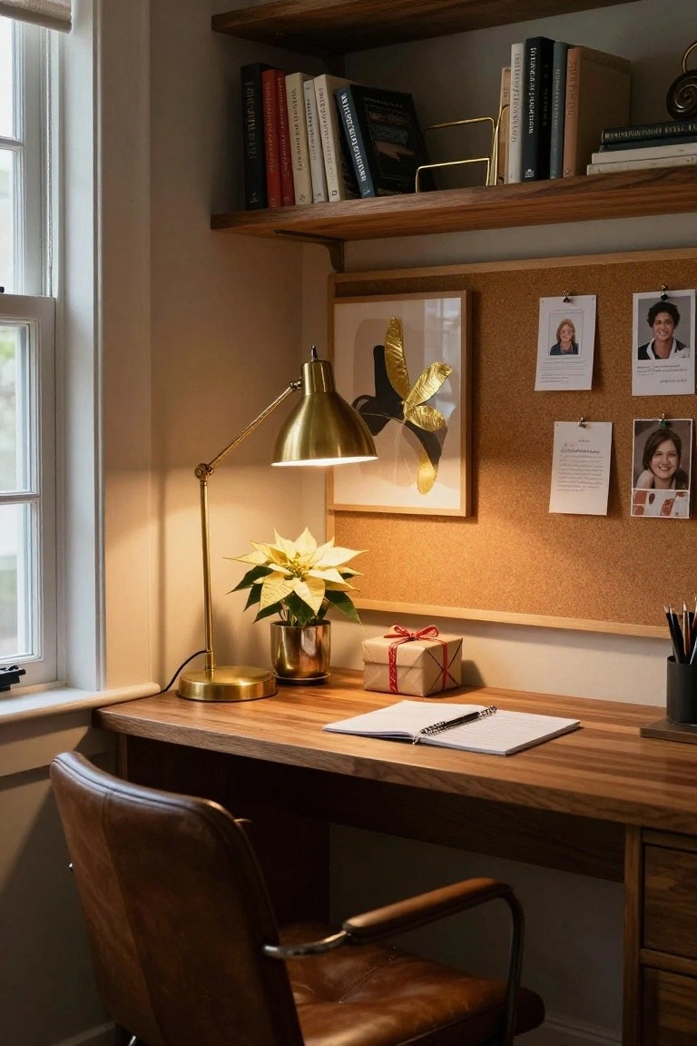 Wooden desk with brass lamp, notebook, poinsettia, and corkboard above.