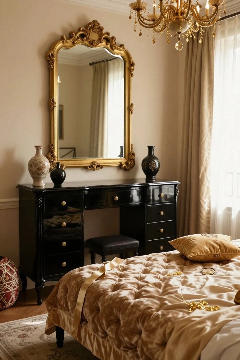 Beige bedroom with black lacquered vanity desk under large ornate gold-framed mirror flanked by ceramic vases, matching stool, tufted gold bed with pillows and ribbon, gold chandelier, beige curtains, and patterned rug.