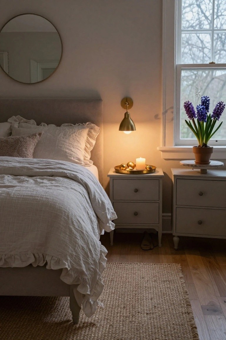 Bedroom corner showing upholstered bed with white linens and ruffled edges, nightstand with gold tray holding candle and gold balls, lit brass sconce on wall, gold round mirror, hyacinth plant in terracotta pot by window, seagrass rug on wood floor.