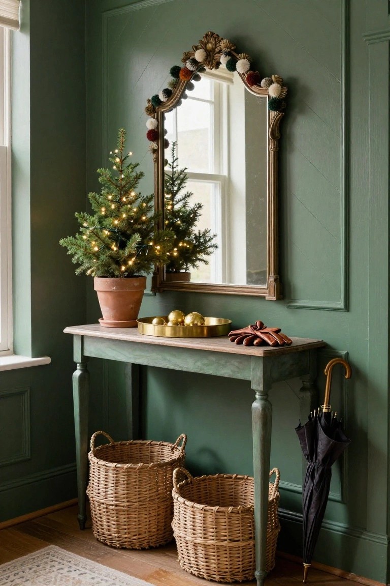 Green-painted console table in an entryway holding a brass bowl of gold Christmas balls, brown leather gloves, with a small lit potted Christmas tree, ornate gilded mirror above, two wicker baskets, and a black umbrella nearby.