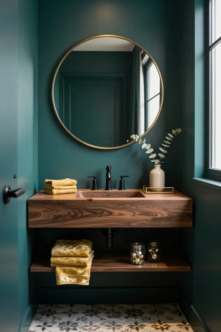 Teal powder room with floating walnut vanity, gold round mirror above sink with black faucet, yellow towels, eucalyptus in vase on gold stand, and two glass jars of gold ornaments on lower shelf above patterned tile floor.