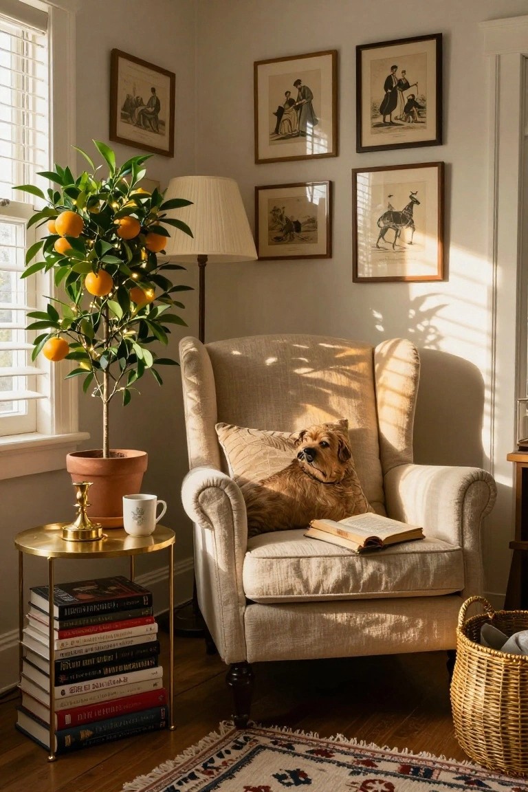 Beige wingback armchair with a lounging brown dog and open book, beside a gold metal side table holding stacked books, brass candlestick, white mug, and terracotta pot with lit citrus tree in a sunlit room corner with wall art and rug.