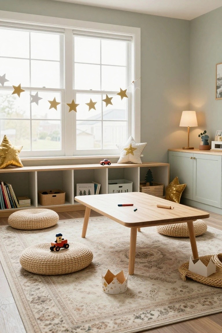 Children's playroom with sage green walls, wooden built-in bench and shelves, low wooden table surrounded by woven poufs on a beige rug, toys scattered around, and gold and white star garlands hanging across large windows.