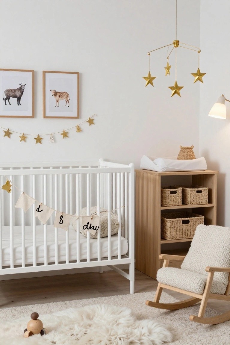 Modern nursery with white crib, wooden rocker, and gold star decor.