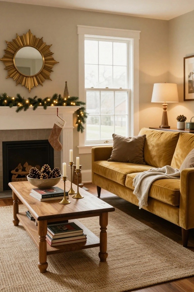 Living room corner with white fireplace mantel holding Christmas garland, stockings, metallic pinecones in a bowl, gold candelabras with candles, wooden coffee table with books, yellow velvet sofa with pillows and throw, large gold sunburst mirror on the wall beside a window and lamp.