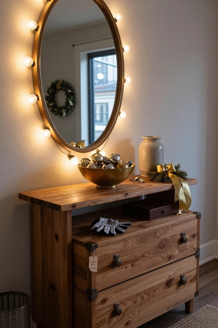 Oval gold-framed mirror with white bulb lights around the edge above a wooden console table topped with a brass bowl of gold Christmas ornaments, baubles, a vase, and greenery in an entryway.