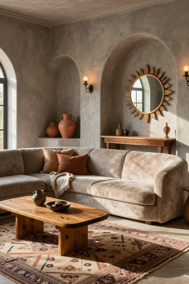 A curved beige sofa sits in a living room with textured grey plaster walls featuring two arched niches holding terracotta pots, a wooden console table, low wood coffee table, and patterned rug on the floor.
