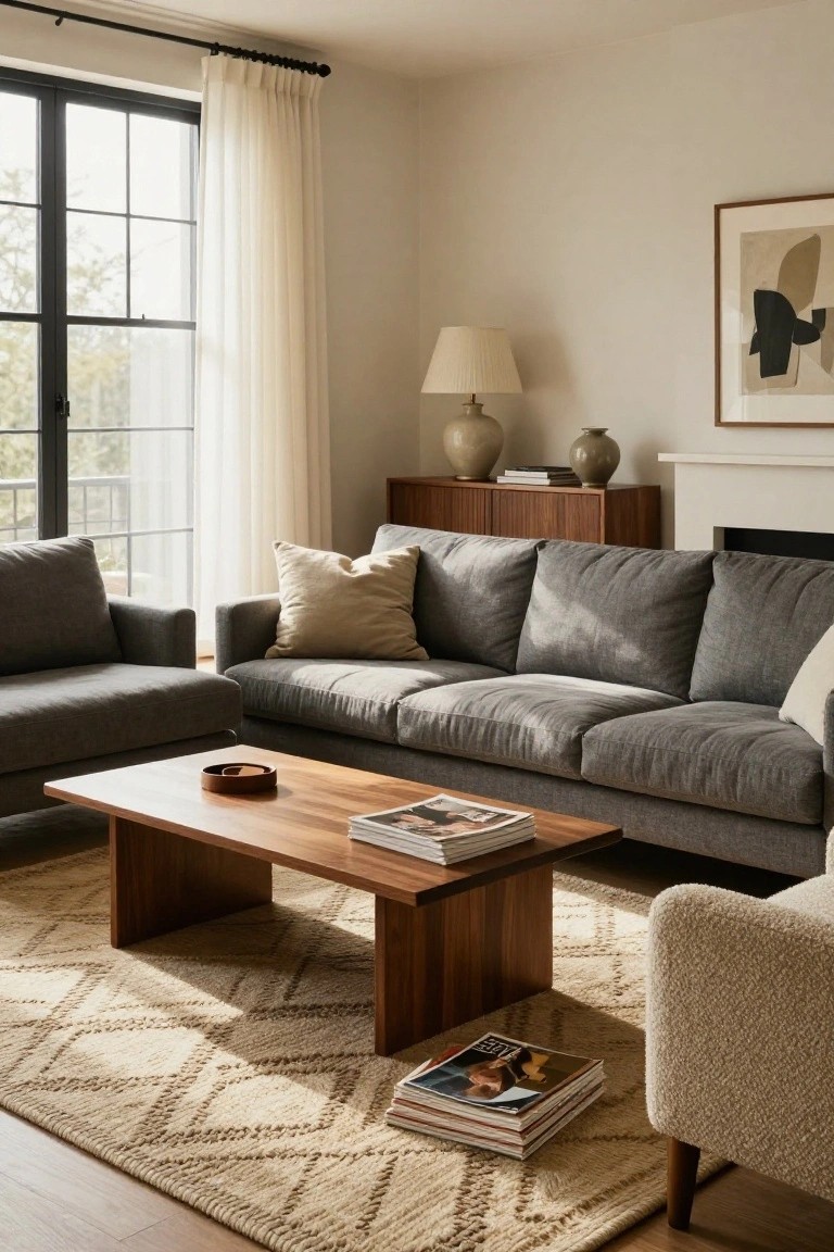 Living room with two low-profile grey fabric sofas facing each other, low wooden coffee table, large beige zig-zag patterned rug, cream pillows, wooden credenza, ceramic vases, lamp, abstract art, and black-framed windows.