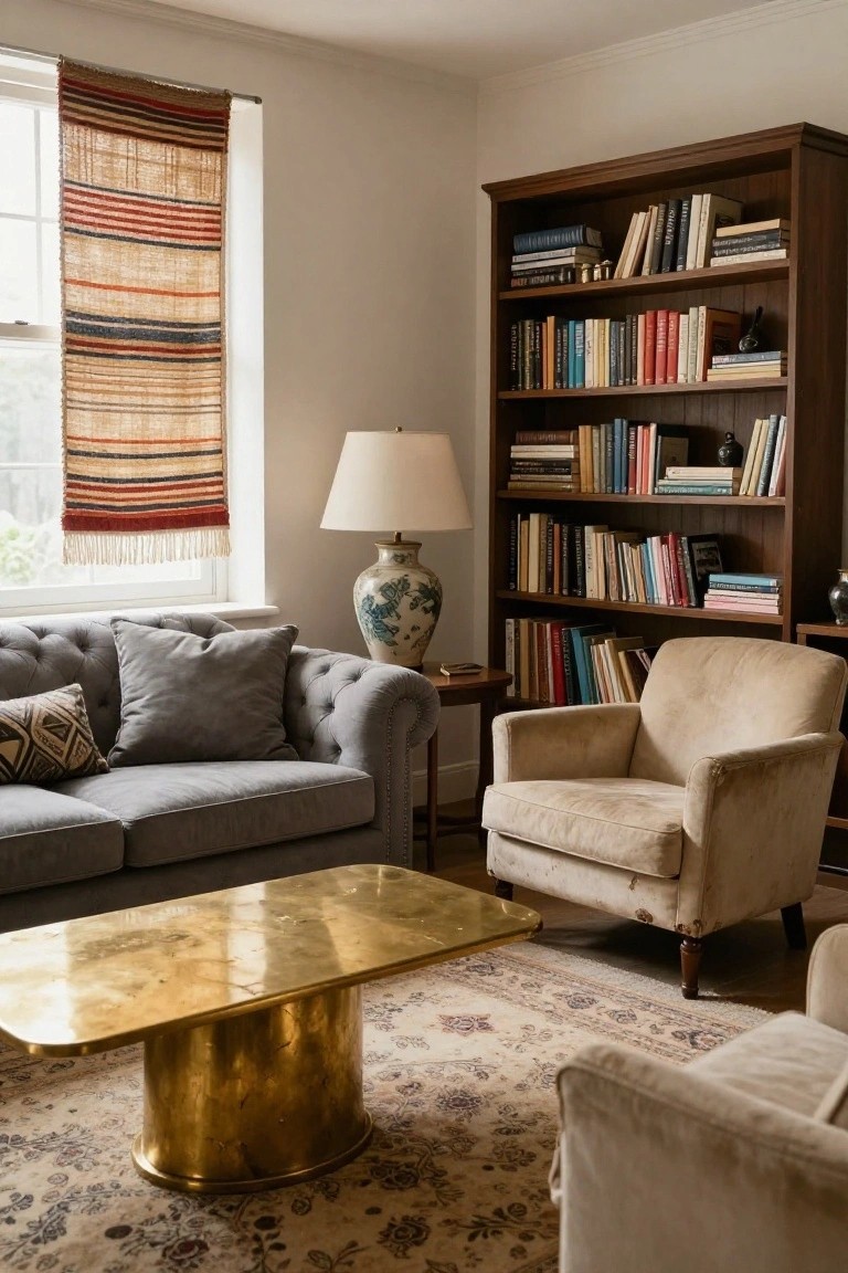 A living room with a tufted gray sofa, two beige upholstered armchairs, a rectangular pedestal brass coffee table, wooden bookshelves with books, a ceramic lamp and vase on a side table, a woven striped curtain over a window, and a beige patterned rug on hardwood floors.