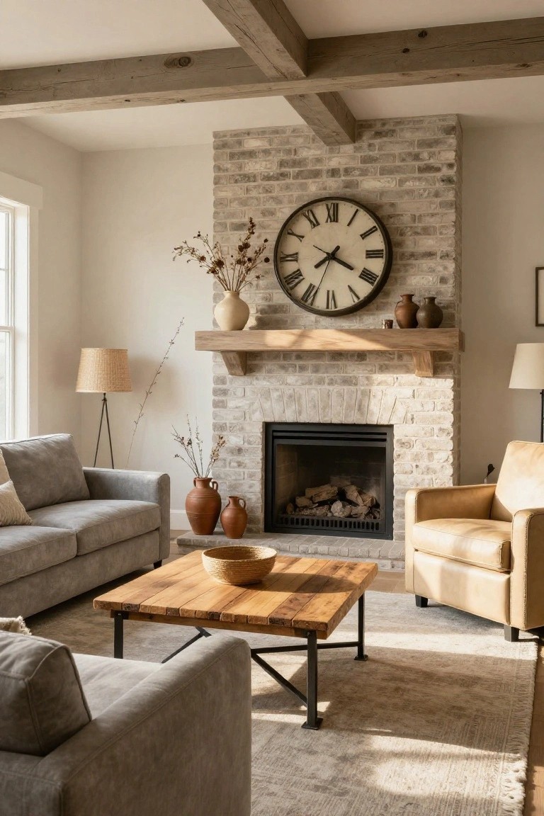 Living room with exposed wood beam ceiling, tall whitewashed brick fireplace wall holding a gas fire and wooden mantel topped with clock, pots, and vase, grey fabric sofas, tan leather armchair, wood coffee table, floor lamps, and window light.