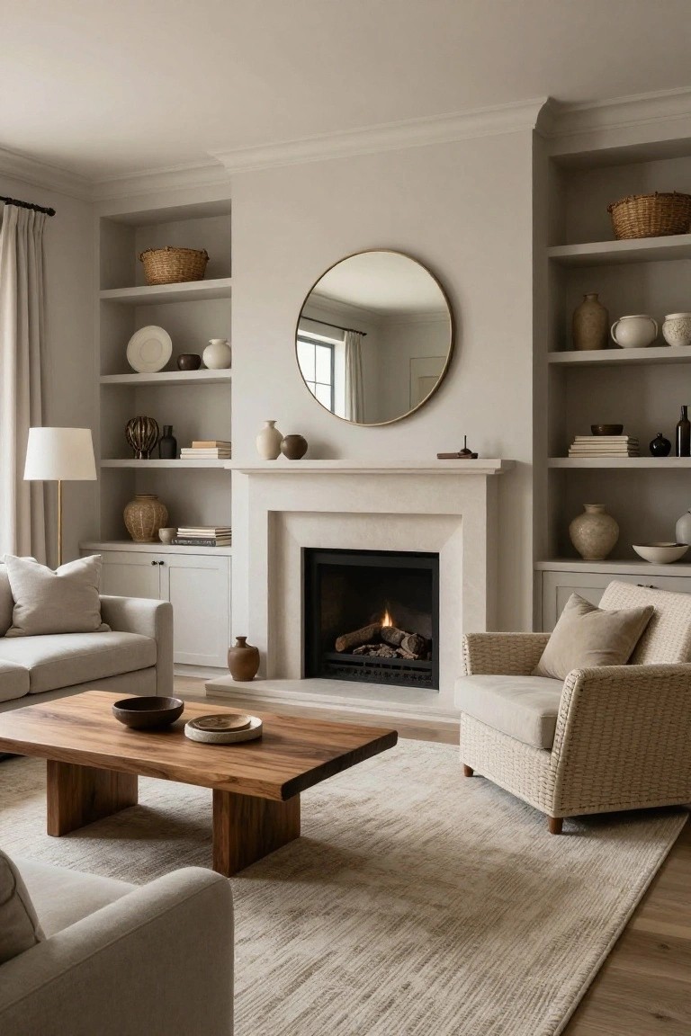 Living room with greige walls, stone fireplace flanked by built-in open shelves displaying pottery, baskets, vases, and books, large round gold mirror above mantel, beige sofa and armchair, wood coffee table, and cream rug on light oak floors.