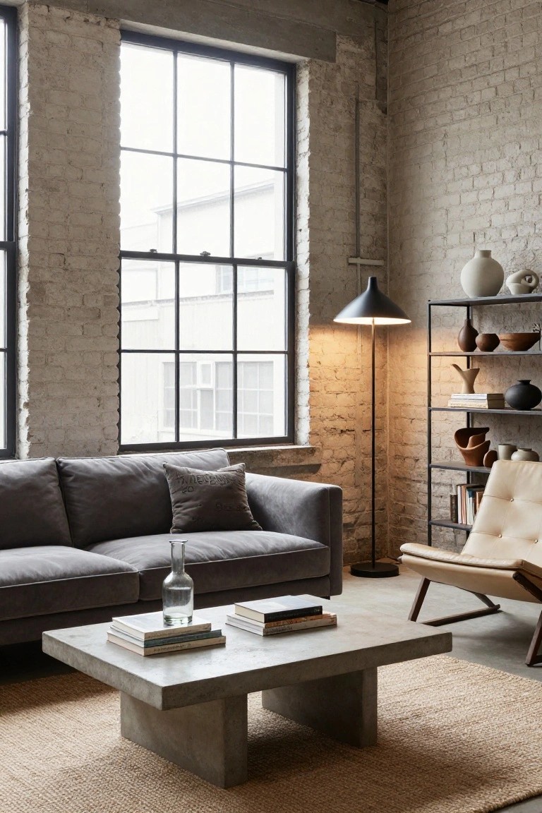 Living room interior with exposed brick walls, large windows, grey fabric sofa, low rectangular concrete coffee table with books and vase, beige rug, black floor lamp, metal shelves holding ceramic pottery, and tan leather armchair.