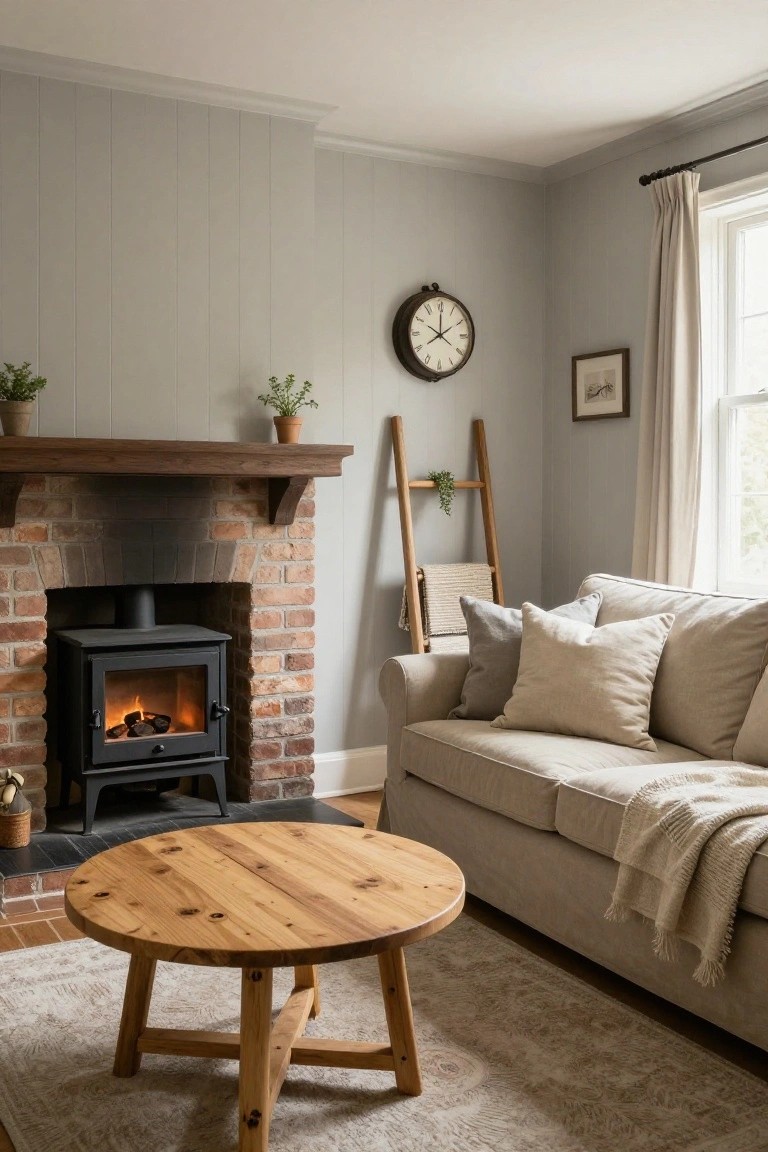 Cozy Brick Fireplace in a Grey Living Room