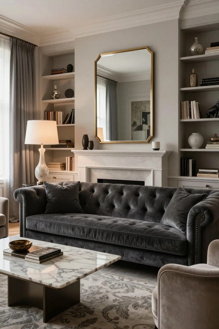 A living room with a dark grey tufted velvet Chesterfield sofa, white marble coffee table, built-in bookshelves flanking a white marble fireplace, gold mirror, lamp, and neutral rug and decor.
