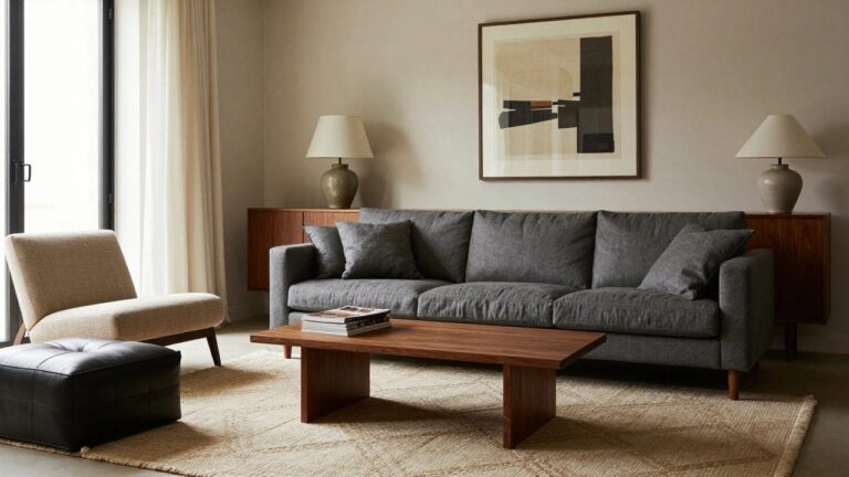 Living room with two low-profile grey fabric sofas facing each other, low wooden coffee table, large beige zig-zag patterned rug, cream pillows, wooden credenza, ceramic vases, lamp, abstract art, and black-framed windows.