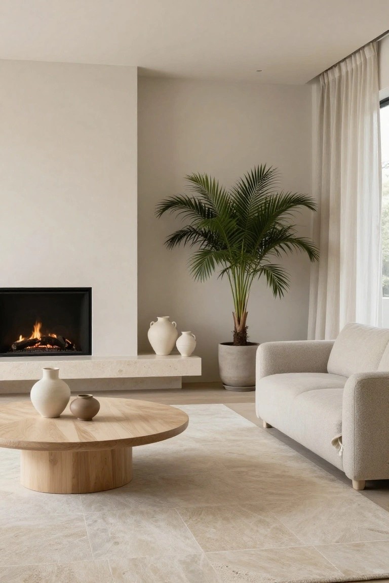 Modern living room with light beige walls, gas fireplace on stone mantel with white ceramic vases, tall potted palm plant in gray pot, beige fabric sofa, round light wood pedestal coffee table with small vases, neutral rug, and sheer curtains over window.