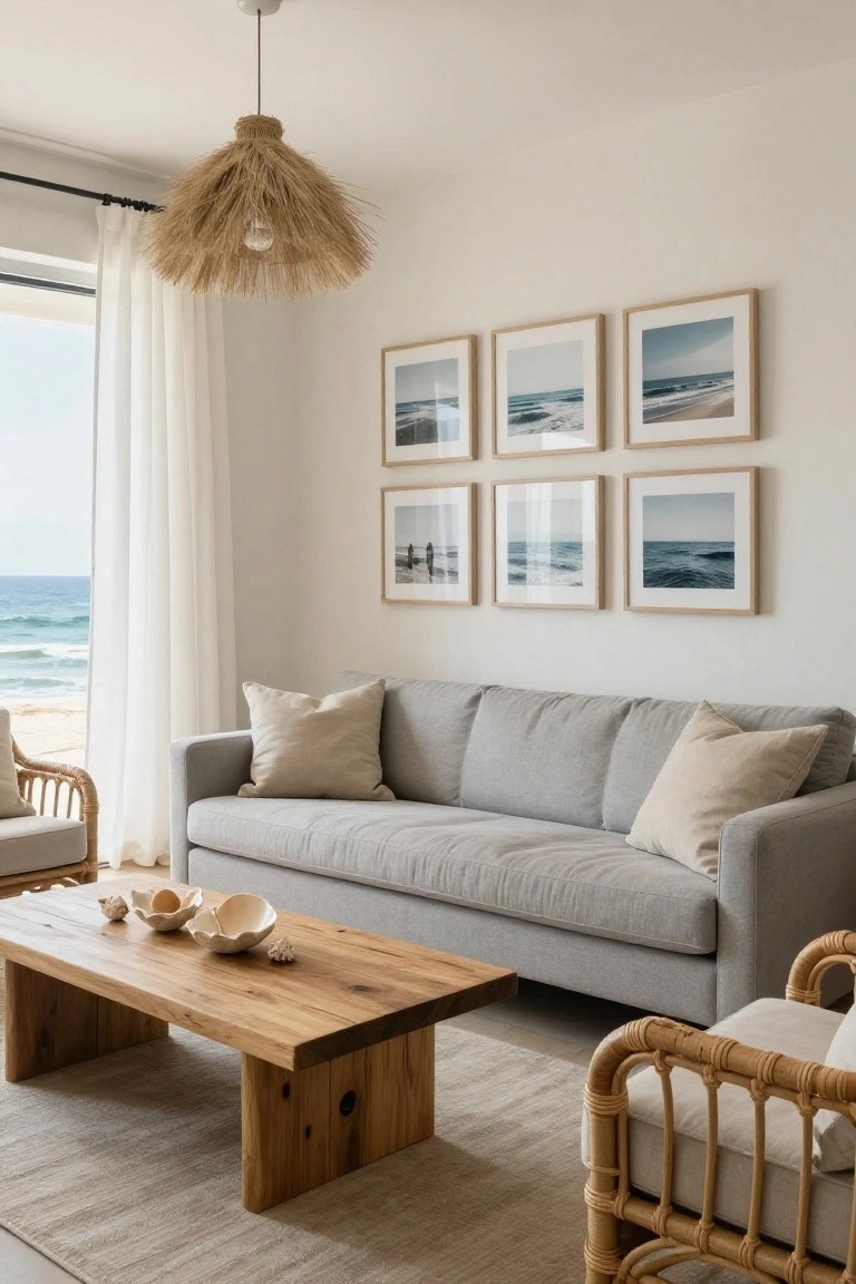 Light gray sofa with beige pillows in a white-walled living room, flanked by rattan chairs, wooden coffee table, seagrass pendant light, and six framed ocean photos on the wall, with beach view through sheer curtains.