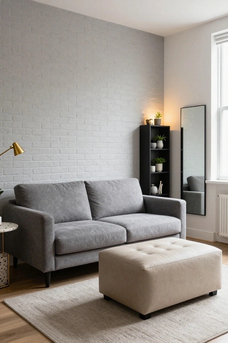A corner of a modern living room with a light grey fabric two-seater sofa, beige tufted ottoman, small round side table, black shelving unit holding plants and ceramics, tall black-framed mirror, and gold floor lamp against a whitewashed brick wall and beige rug on wood floors.