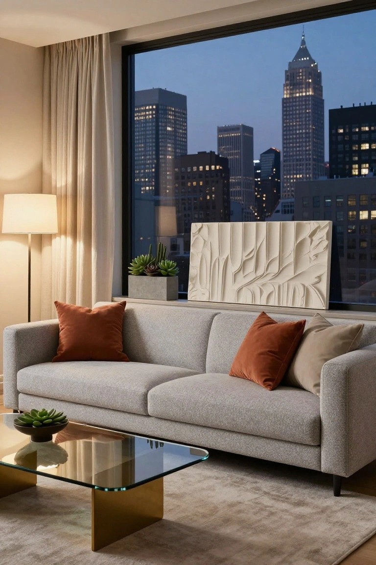 Light grey fabric sofa with rust and beige pillows on a beige rug in a modern living room featuring plants, abstract wall sculpture, brass-based glass coffee table, floor lamp, and large window with city skyline view at dusk.