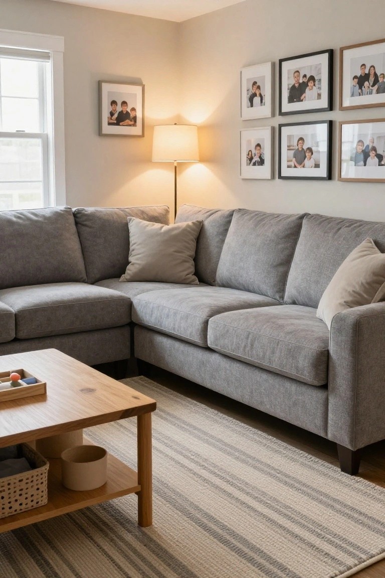 Living room corner with L-shaped light grey sofa, beige pillows, wooden coffee table with toys and baskets, beige striped rug, floor lamp, and wall gallery of framed family photos.