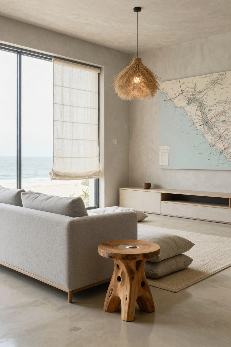Minimalist living room interior with light grey sofa, beige floor cushions and pillows, carved wooden stool, low beige cabinet, rattan pendant light, textured walls, sheer linen blinds on large windows overlooking beach, and a wall map.