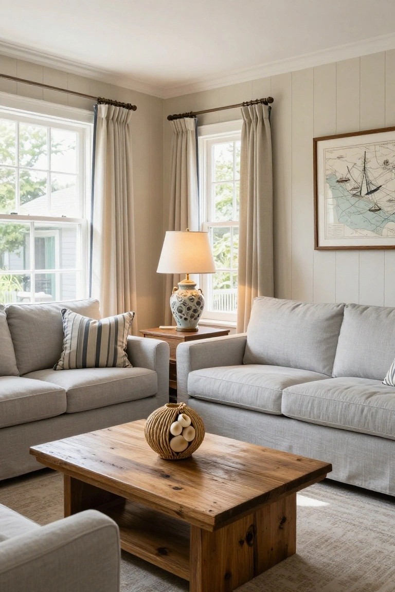 Light gray fabric sofas arranged in an L-shape around a low rectangular rustic wood coffee table holding a woven bowl sculpture, in a beige wood-paneled living room with large windows, linen curtains, a ceramic lamp on a side table, and a nautical map artwork on the wall.