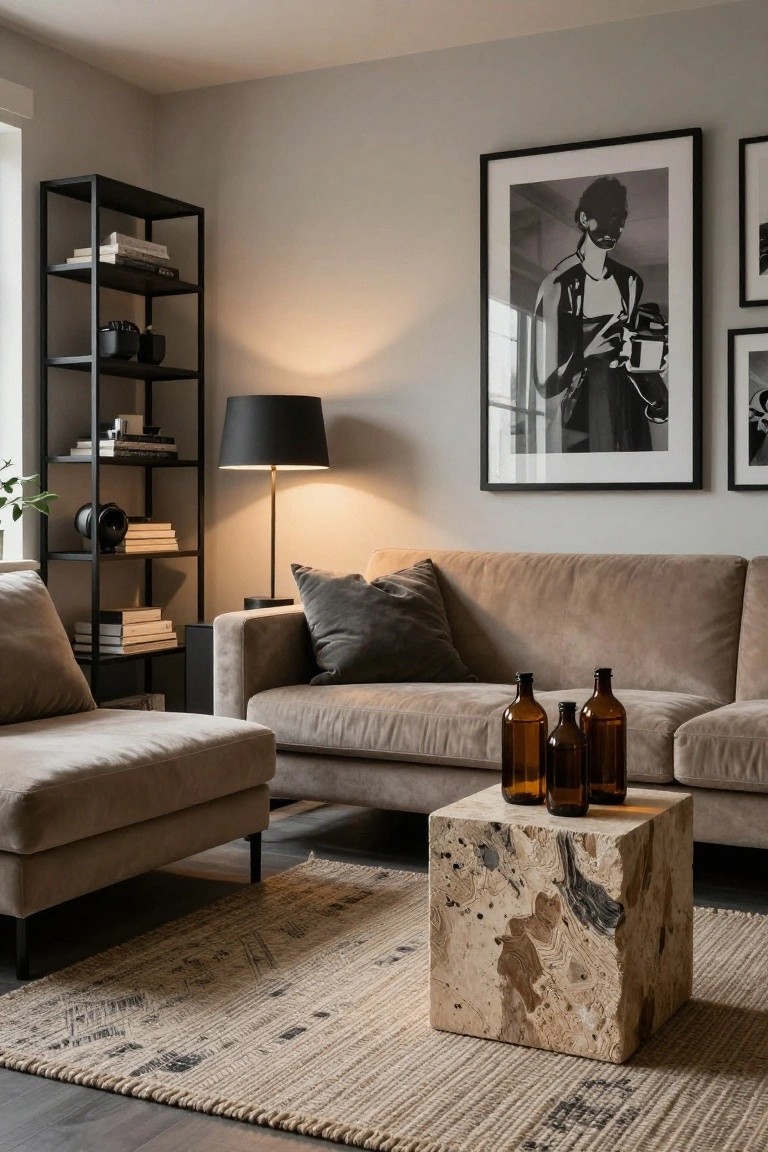 Beige upholstered sofas and armchair around a low veined stone cube coffee table on a seagrass rug in a grey-walled living room with black metal shelving, floor lamp, and framed art.