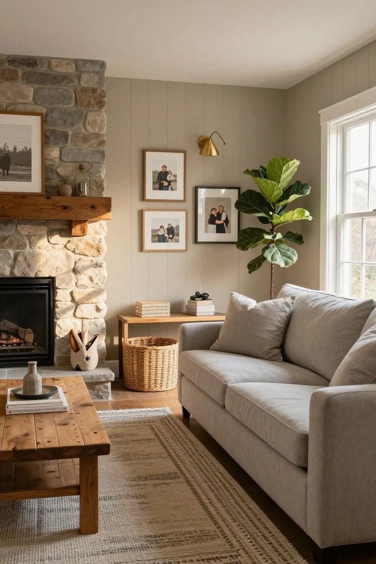 Living room with stone fireplace on one wall, greige shiplap walls, beige sofa, wooden coffee table, woven basket, fiddle leaf fig plant, and framed family photos.