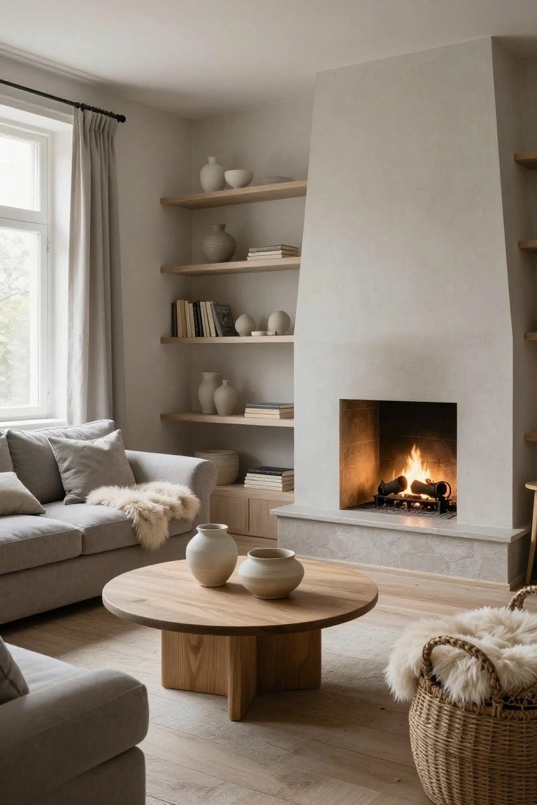 A cozy living room with a tall beige plaster fireplace burning logs, flanked by floating oak shelves holding white ceramics and books, light grey sofa facing a round oak coffee table with vases, sheepskin throws, wicker basket, and light wood floors.
