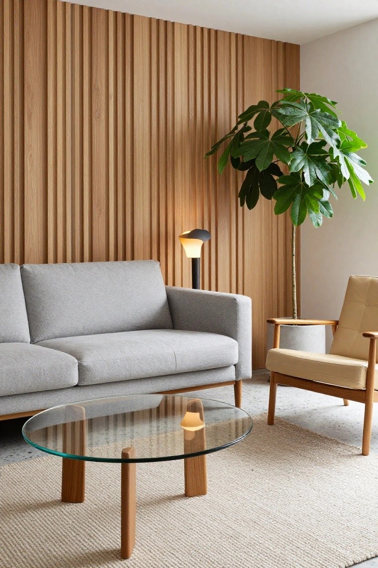 A modern living room with light vertical oak wood slat wall, light grey sofa, beige armchair with wood frame, round glass coffee table on wood legs, large potted plant, modern floor lamp, and beige rug.