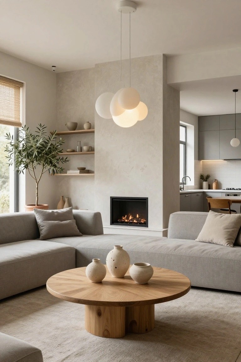 Light grey L-shaped sofa in a beige-toned living room with round natural wood coffee table holding ceramic vases, textured beige wall with gas fireplace, olive tree by window with bamboo shades, and open grey kitchen visible beyond.