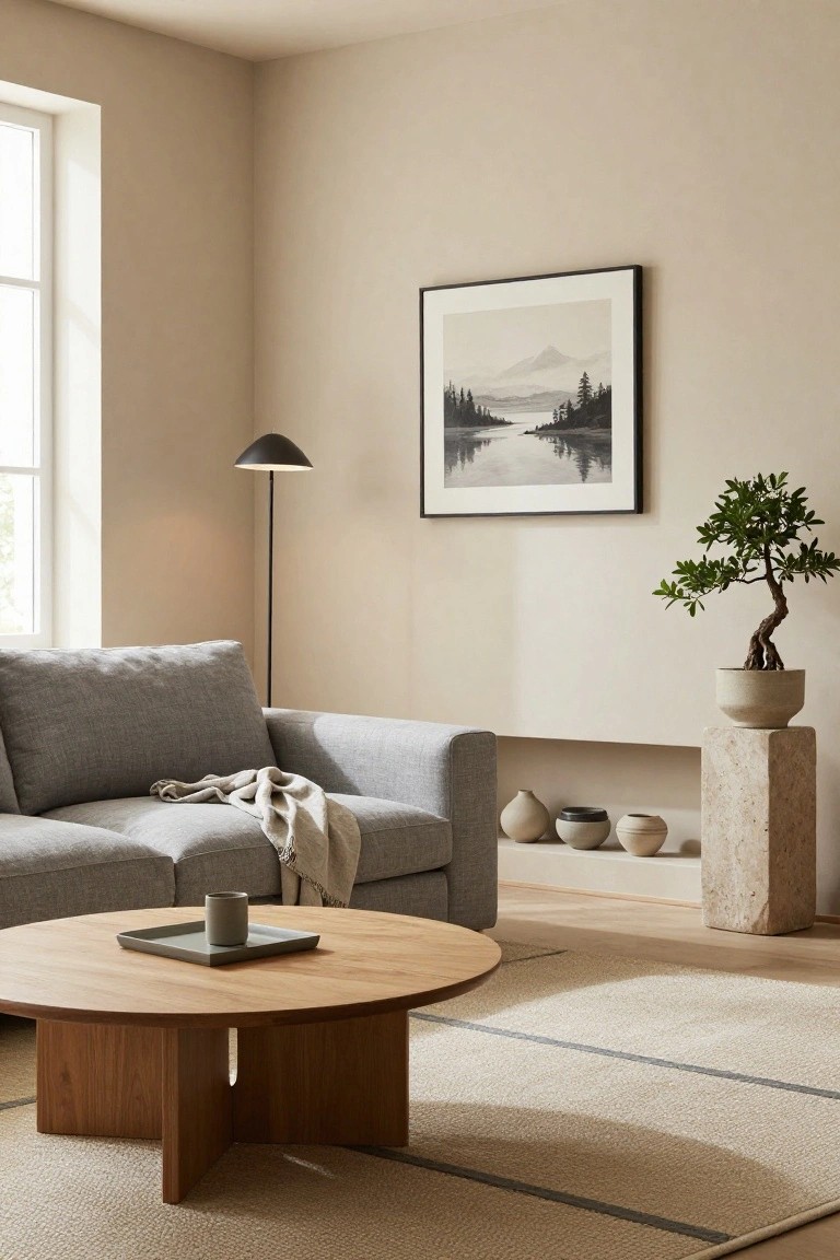 Beige living room with light grey fabric sofa draped with a light throw, round oak coffee table on X-shaped legs holding a grey tray and mug, black arched floor lamp, framed black-and-white mountain landscape print, bonsai tree in stone pot on pedestal, and ceramic pots in wall niche.
