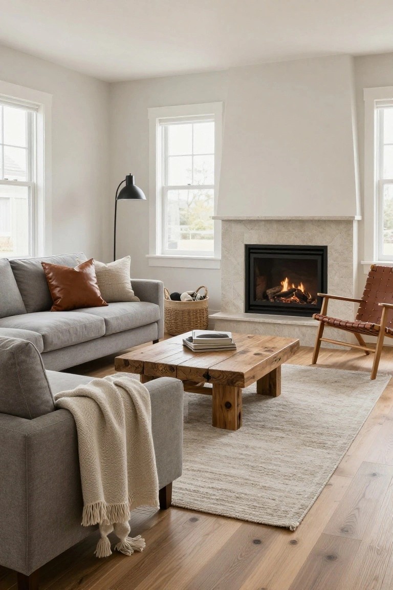 Light gray sectional sofa with beige knit throw draped over one arm, rectangular wooden coffee table topped with books, brown leather armchair, gas fireplace with fire lit, beige area rug, hardwood floors, arc floor lamp, and two large windows in a white-walled living room.