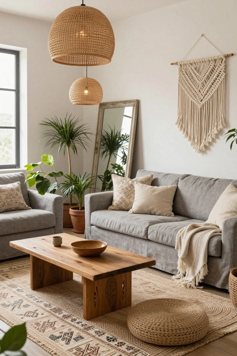 A light-filled living room featuring a grey linen sofa with beige pillows and throw, wooden coffee table, beige woven rug, potted plants, rattan pendant lights, macrame wall hanging, and seagrass pouf.