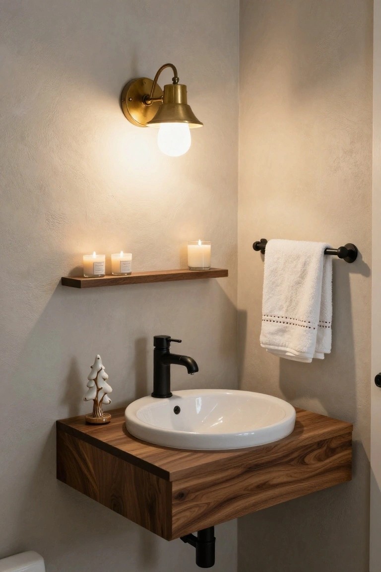 Close-up of a minimalist bathroom corner featuring a floating walnut vanity with white vessel sink, black matte faucet, brass wall sconce, wooden shelf holding glass candles, black towel bar with white towel, and small white Christmas tree figurine on the vanity surface.