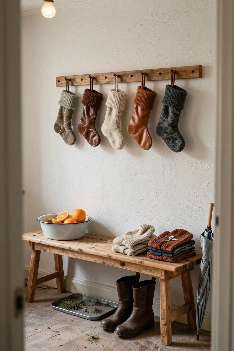 White-walled entryway with wooden peg rack holding assorted knit, leather, and fuzzy Christmas stockings, wooden bench with stacked knit hats and umbrella, tall leather boots on floor next to pine branches in tray, and white enamel bowl of oranges.