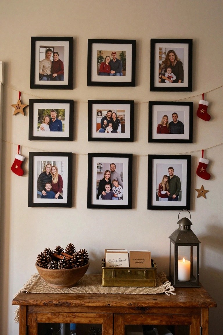 A beige wall displays nine black-framed family photos in a 3x3 grid with garland, red Christmas stockings, and wooden stars strung between frames, above a wooden table holding a bowl of pinecones, brass box, lantern, and candle.