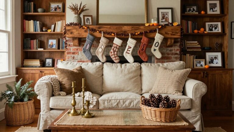 Cozy living room interior with exposed brick wall, wooden bookshelves, neutral linen sofas, fireplace mantel hung with four knit stockings labeled F U L P amid orange garlands, wooden coffee table with pinecones and candles, and jute rug.