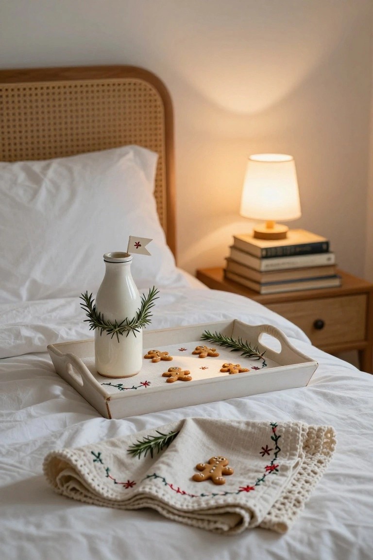 A white wooden tray holding gingerbread cookies, a milk bottle garnished with rosemary and a small flag, and rosemary sprigs sits on a white bedspread in a bedroom with a rattan headboard, bedside lamp, and stack of books on a wooden nightstand.