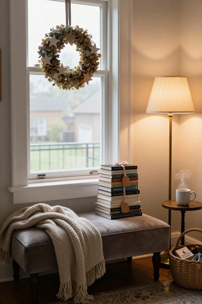 Indoor corner with a window featuring a hanging wreath of dried eucalyptus and wooden stars, a gray velvet bench holding a tall stack of assorted books tied with beige ribbon and tag plus a draped white knit blanket, a nearby lamp on a side table with white teacup, and a wicker basket on the floor.