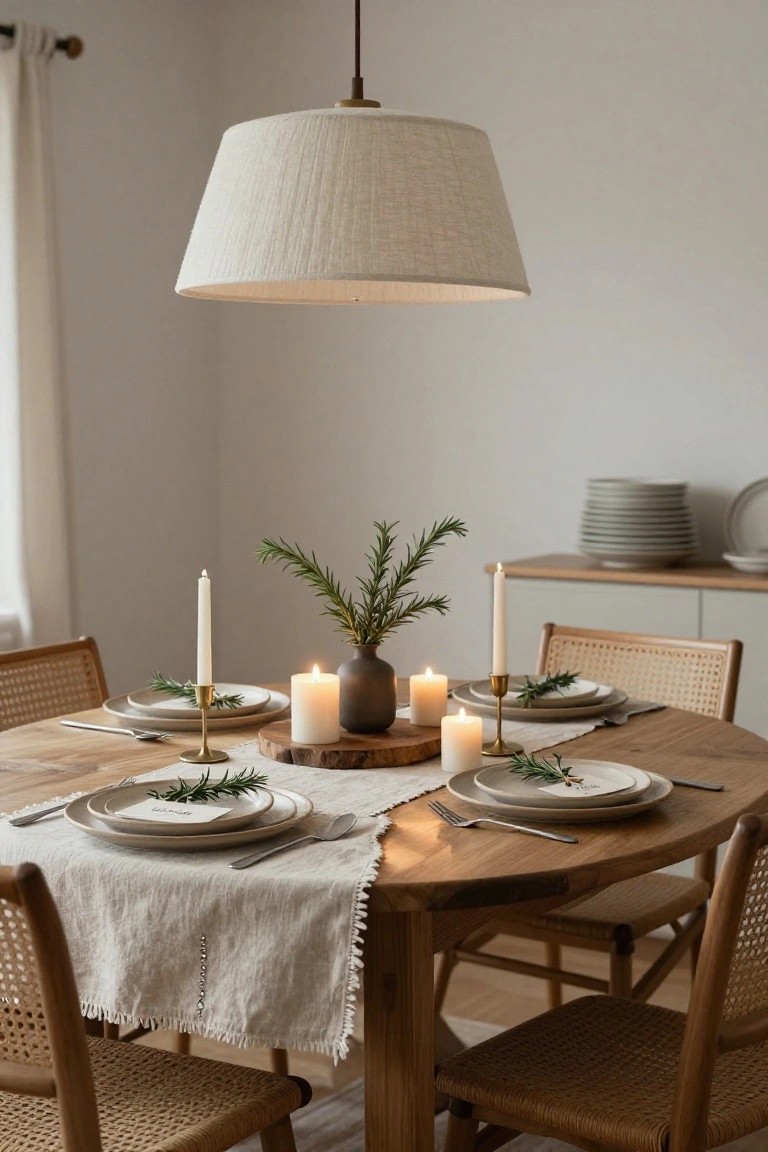Round wooden dining table set for Christmas dinner with white plates garnished by rosemary sprigs and name cards, surrounded by pillar candles in brass holders and a central vase of rosemary on a wood slice, linen runner, and rattan chairs in a light room.