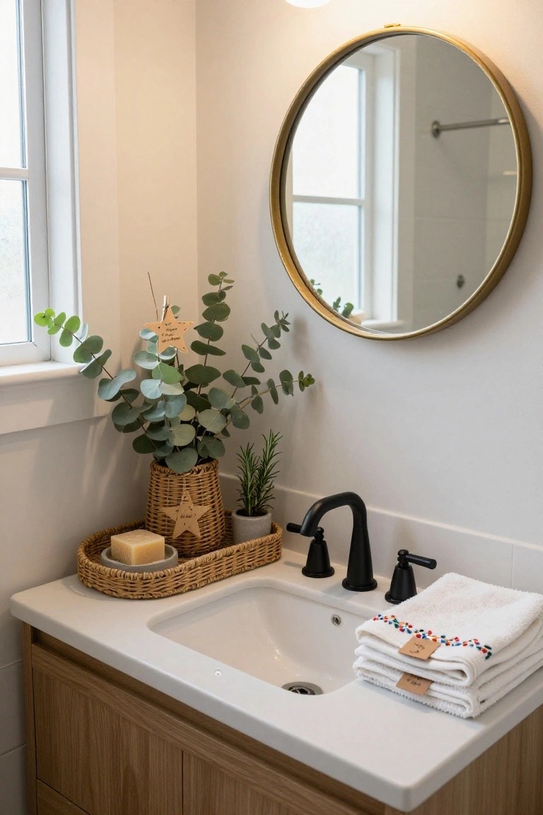 Bathroom vanity with white sink and black faucet under a round gold mirror, eucalyptus branches in woven basket with wooden star ornaments, small plant pots, soap in tray, and stacked white towels with embroidered edges and paper tags.