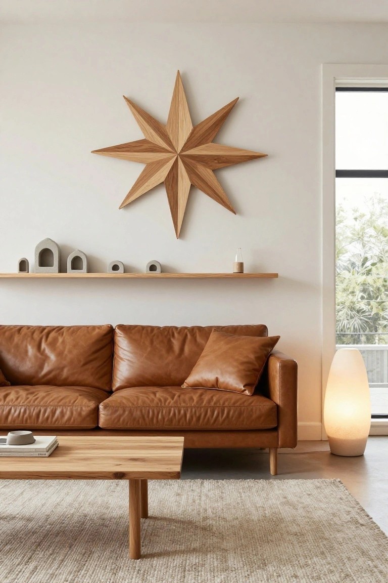 Modern living room with a large light wooden eight-pointed star mounted on a white wall above a tan leather sofa, wooden coffee table, beige rug, floating oak shelf with ceramic houses and candle, white lamp, and window showing greenery outside.