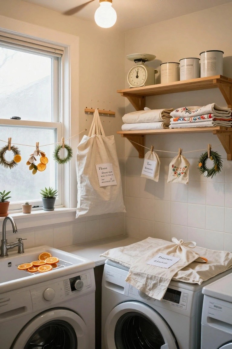 White-tiled laundry room with two white front-loading washers, a sink holding sliced oranges, wooden shelves stocked with linens and tins, and handmade wreaths with dried citrus and fabric bags hanging from clothespins on strings.