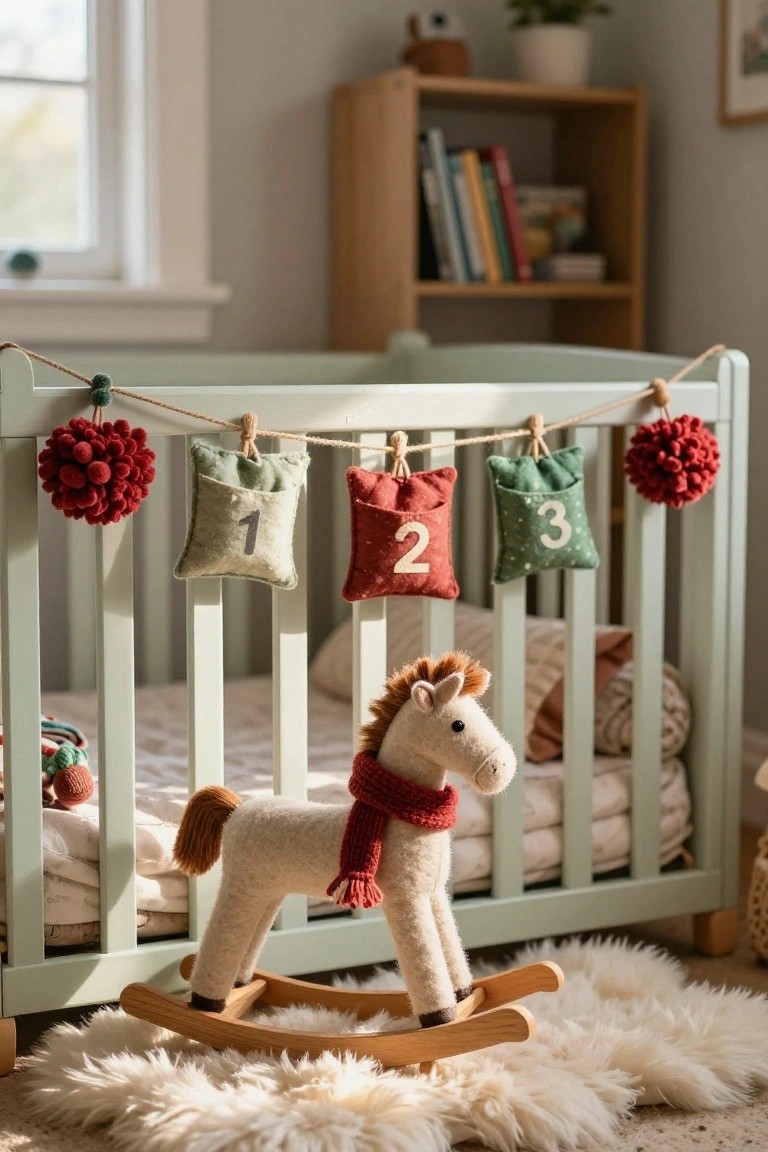 Mint green wooden crib in a nursery with a handmade garland of beige, red, and green fabric pockets numbered 1, 2, and 3 hanging from the railing, red pom poms on twine, a white rocking horse toy on a white fluffy rug nearby.