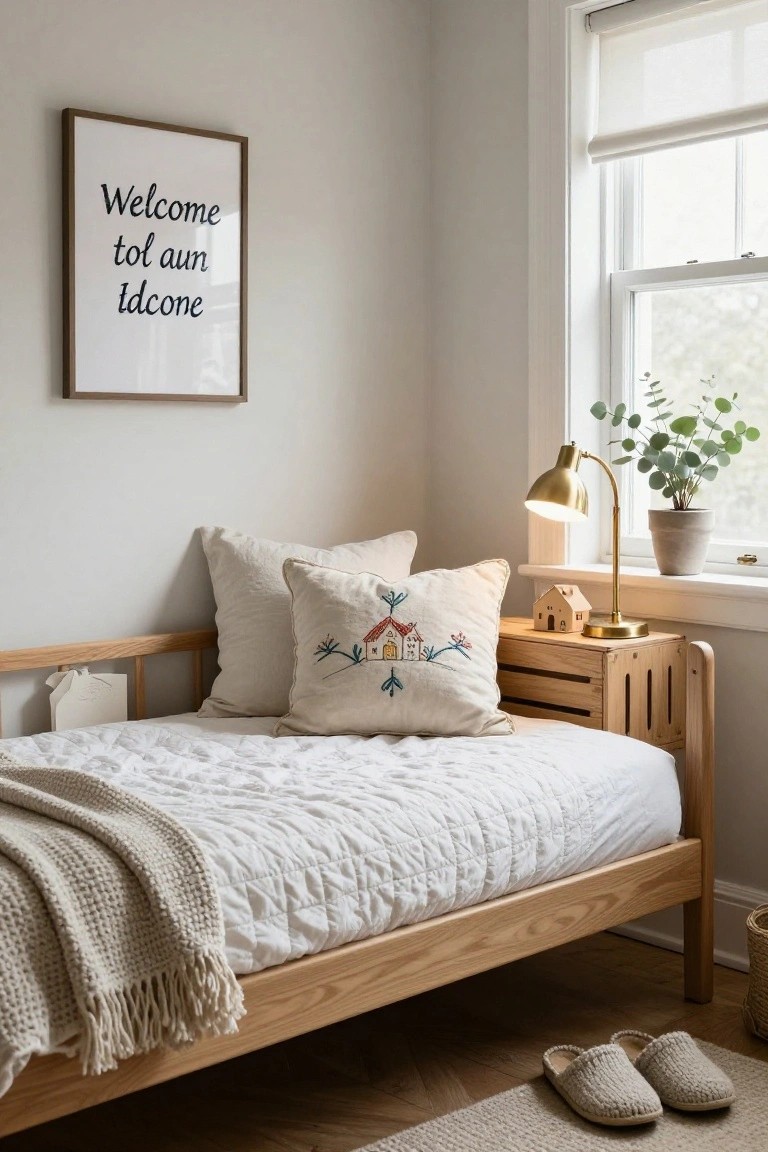 Cozy single bed in a light-colored child's bedroom with white quilted bedding, cream pillows embroidered with house motifs, wooden nightstand with gold lamp and potted eucalyptus, and framed 