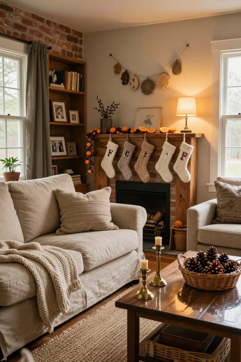 Cozy living room interior with exposed brick wall, wooden bookshelves, neutral linen sofas, fireplace mantel hung with four knit stockings labeled F U L P amid orange garlands, wooden coffee table with pinecones and candles, and jute rug.
